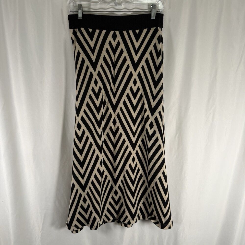 Maeve Anthropologie Skirt Women's Small Black Beige Striped Pull On Midi Lined